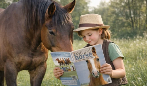 Ein Kind liest mit einem Pferd die Zeitschrift Natural Horse. Die Einladung, die App aufzurufen, über unsere Academy